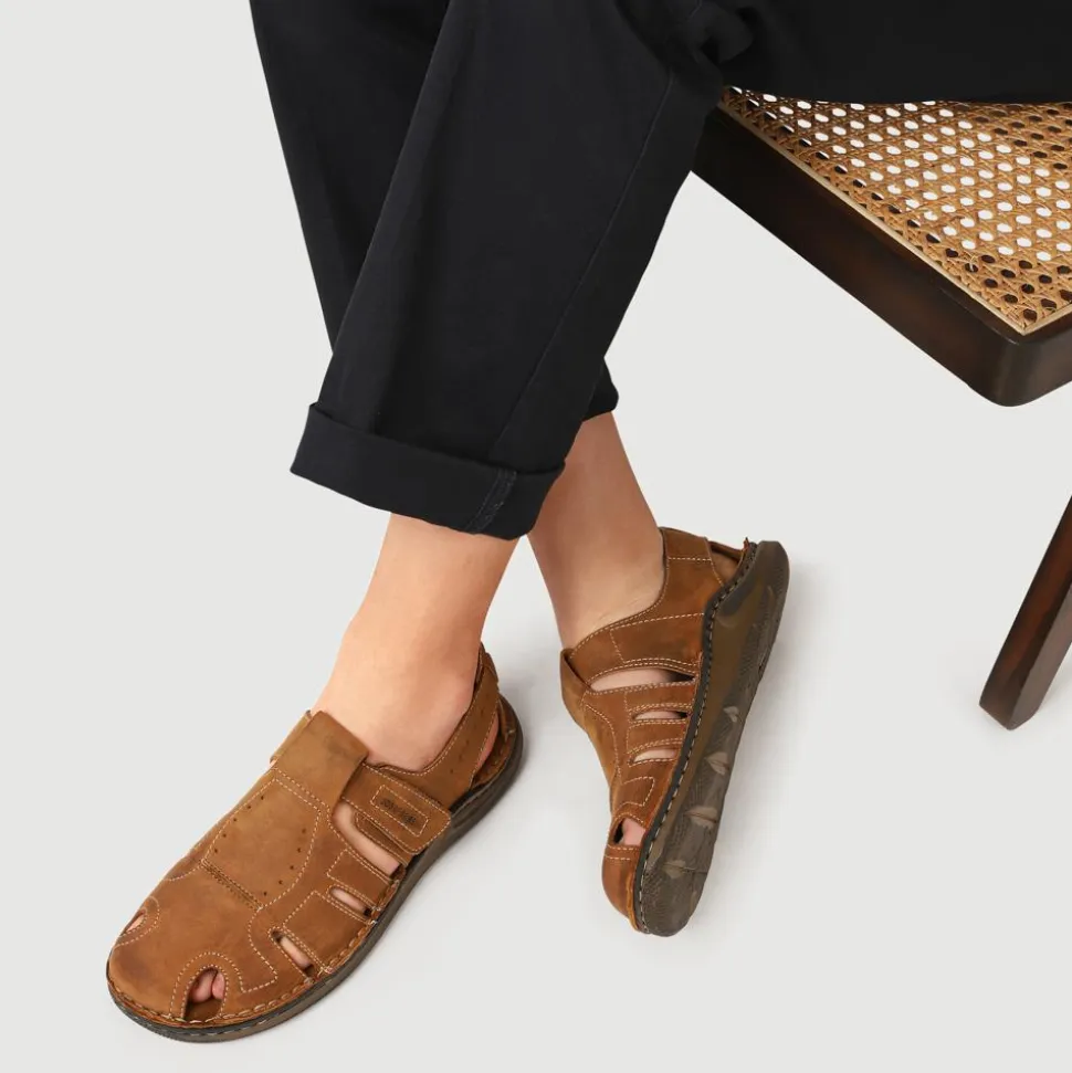 Wide-Fit Leather Touch-Fasten Sandals - Tan
