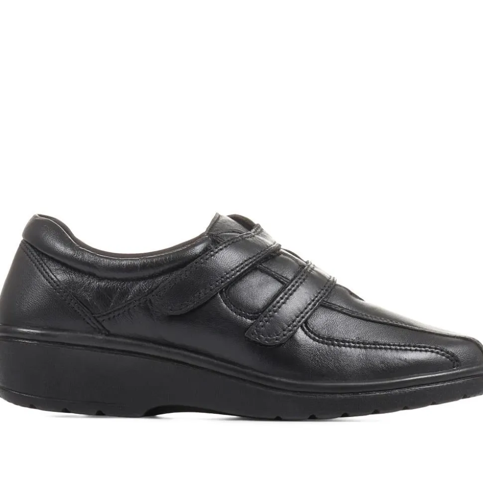 Wide Fit Leather Touch Fasten Shoes - Black