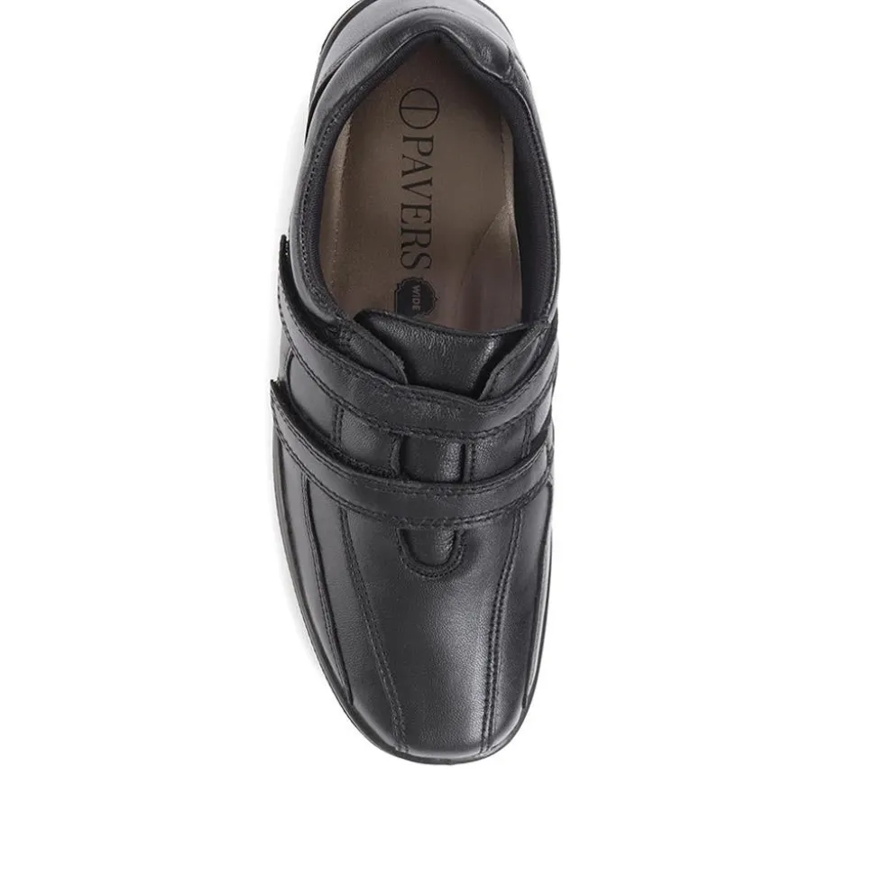 Wide Fit Leather Touch Fasten Shoes - Black