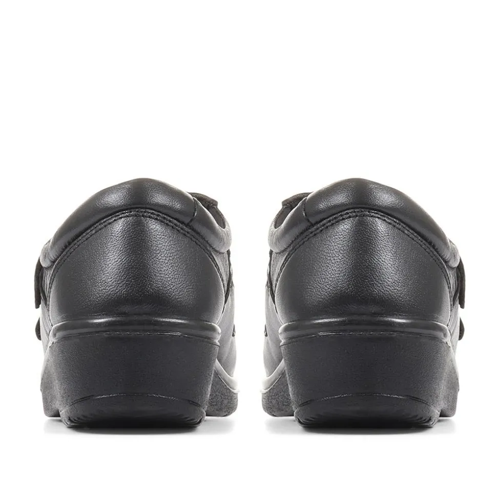 Wide Fit Leather Touch Fasten Shoes - Black