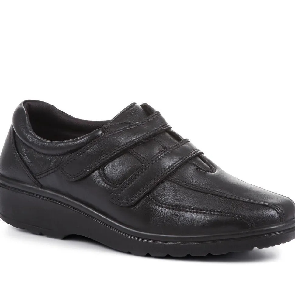 Wide Fit Leather Touch Fasten Shoes - Black