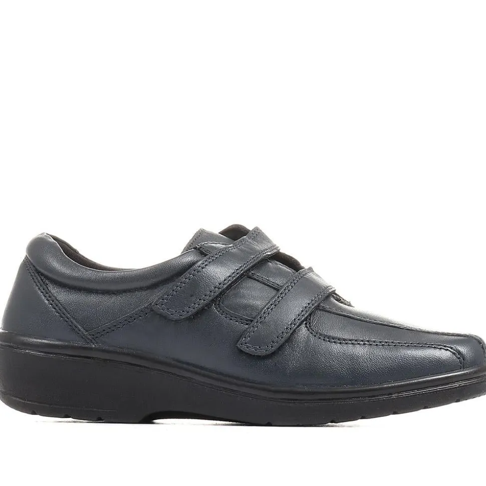 Wide Fit Leather Touch Fasten Shoes - Navy