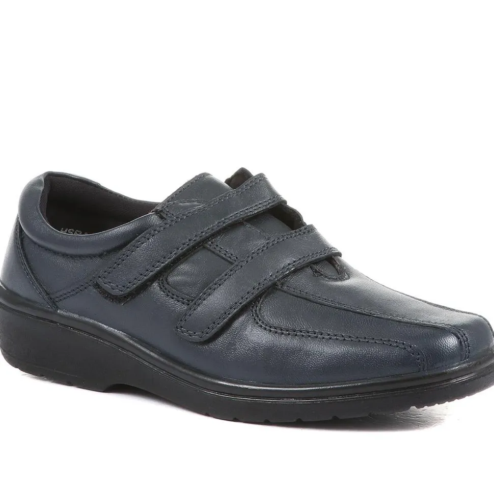 Wide Fit Leather Touch Fasten Shoes - Navy