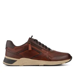 Wide Fit Leather Zip & Lace Up Sporty Trainers - Cognac