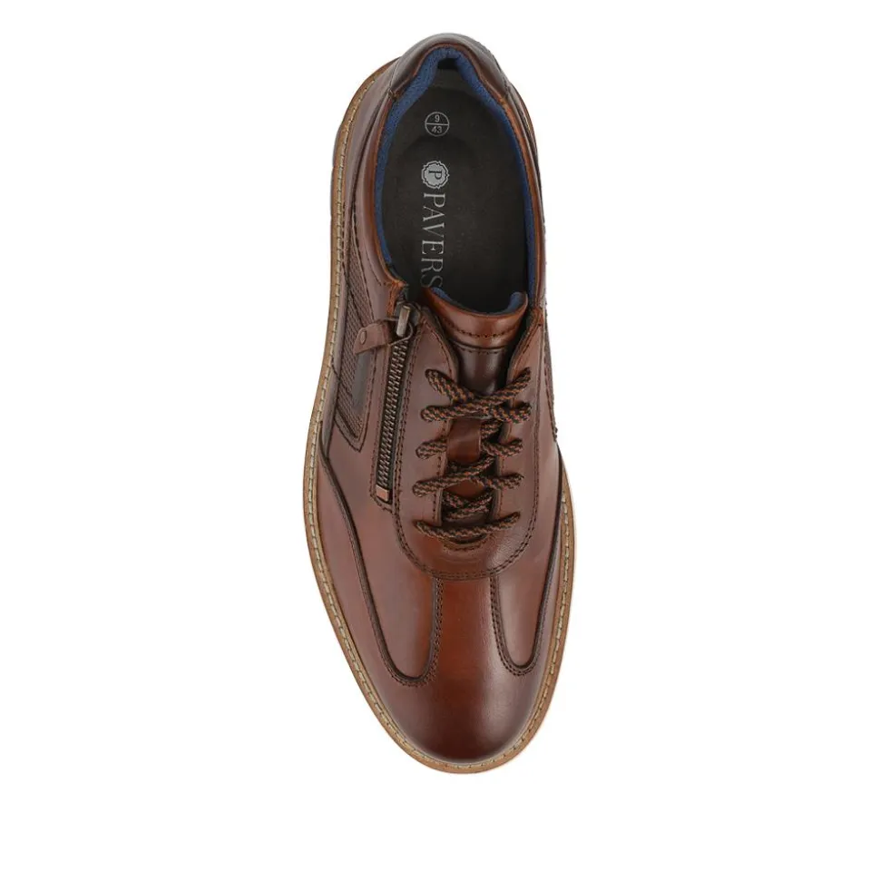 Wide Fit Leather Zip Trainers - Cognac