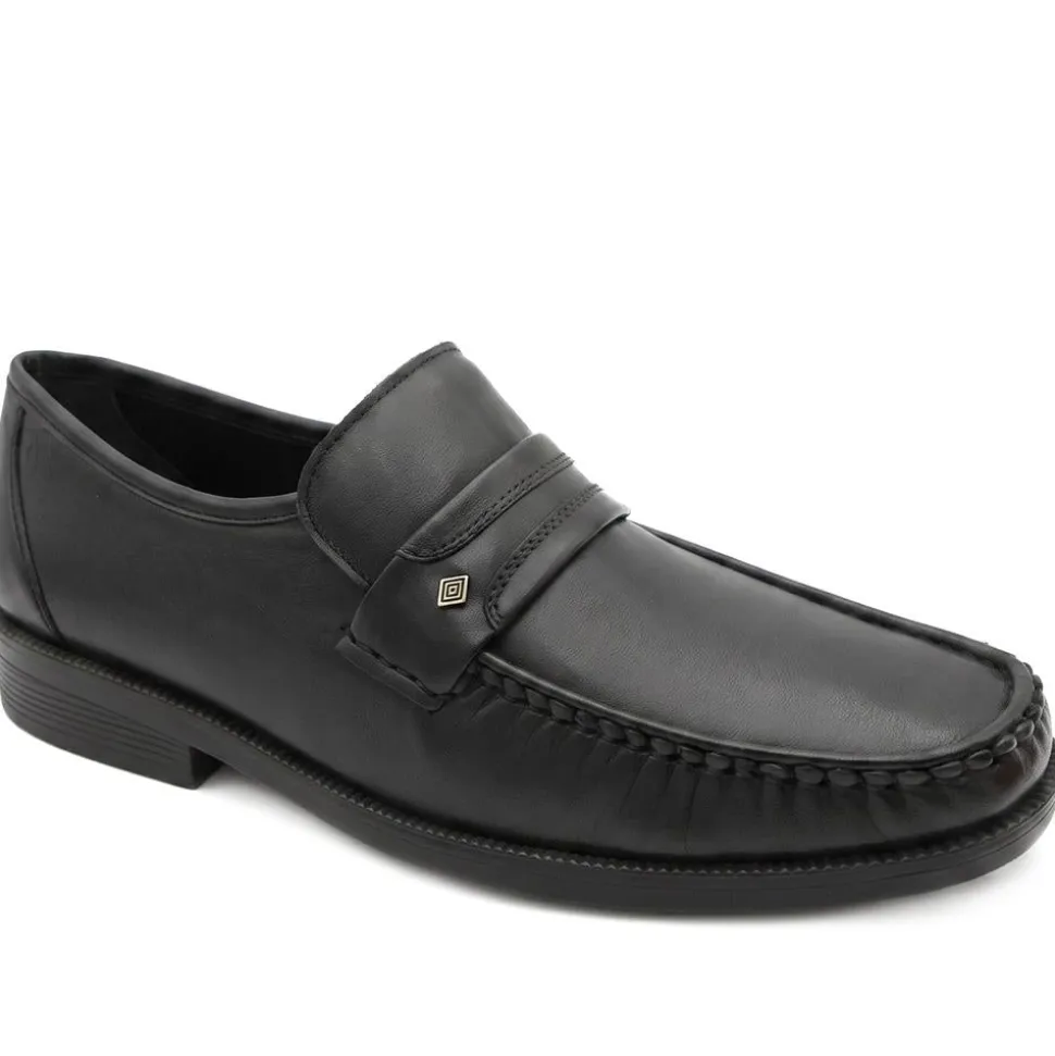 Wide Fit Smart Leather Saddle Strap Loafers - Black