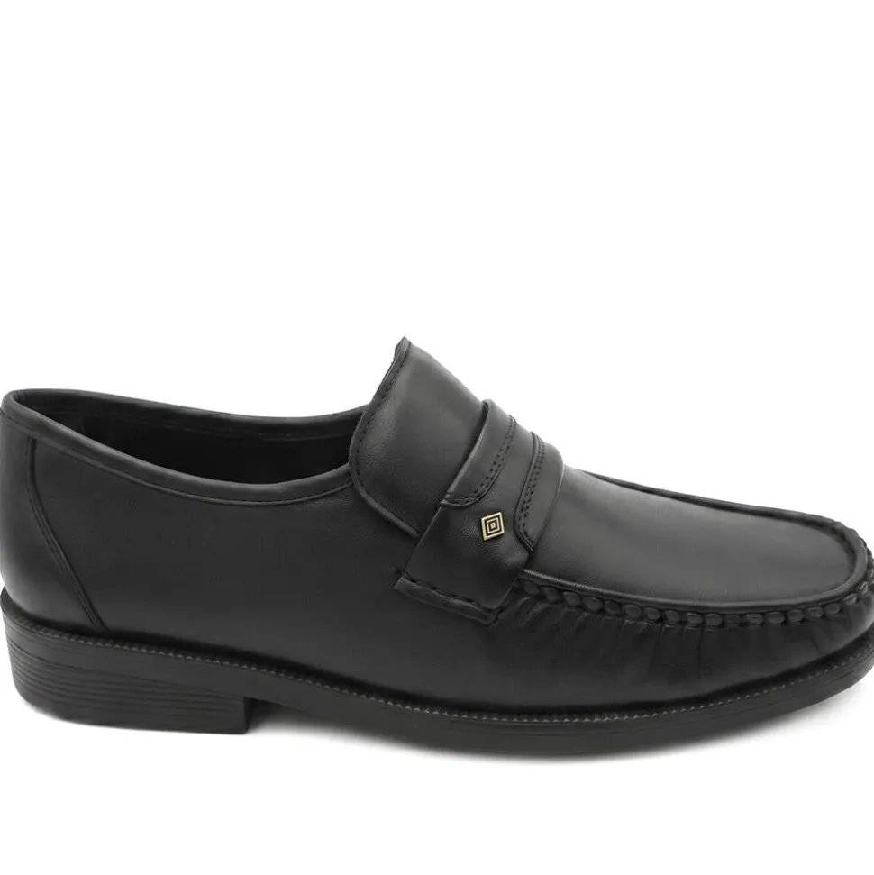 Wide Fit Smart Leather Saddle Strap Loafers - Black