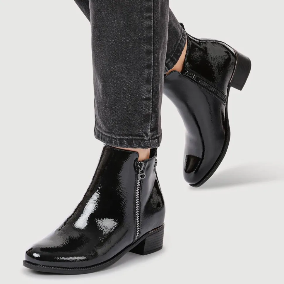 Wide Fit Smart Zip Up Ankle Boots - Black Patent