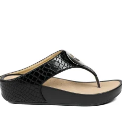 Wide Fit Toe Post Wedge Sandals - Black Croc