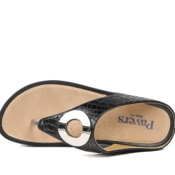 Wide Fit Toe Post Wedge Sandals - Black Croc