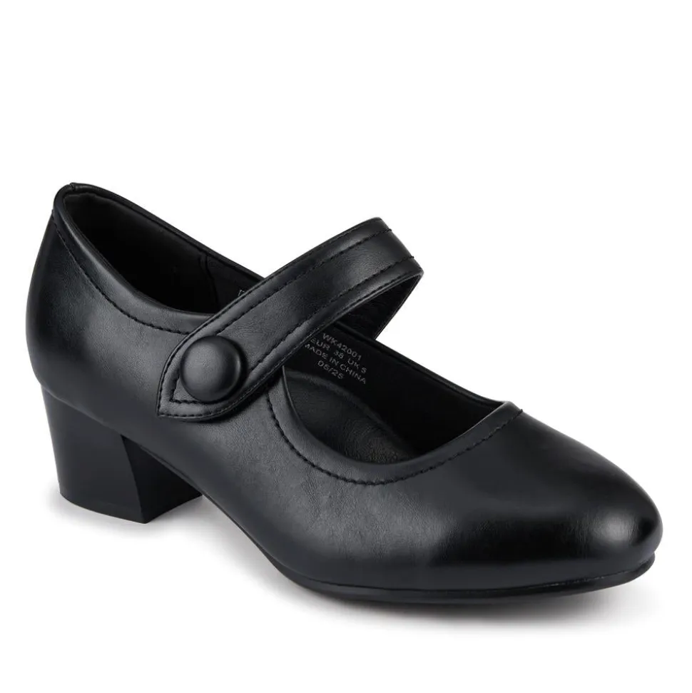 Wide Fit Touch-Fasten Heeled Mary Janes - Black