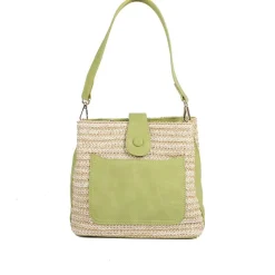 Woven Shoulder Bag with Faux Leather Trim - Green