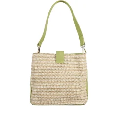 Woven Shoulder Bag with Faux Leather Trim - Green