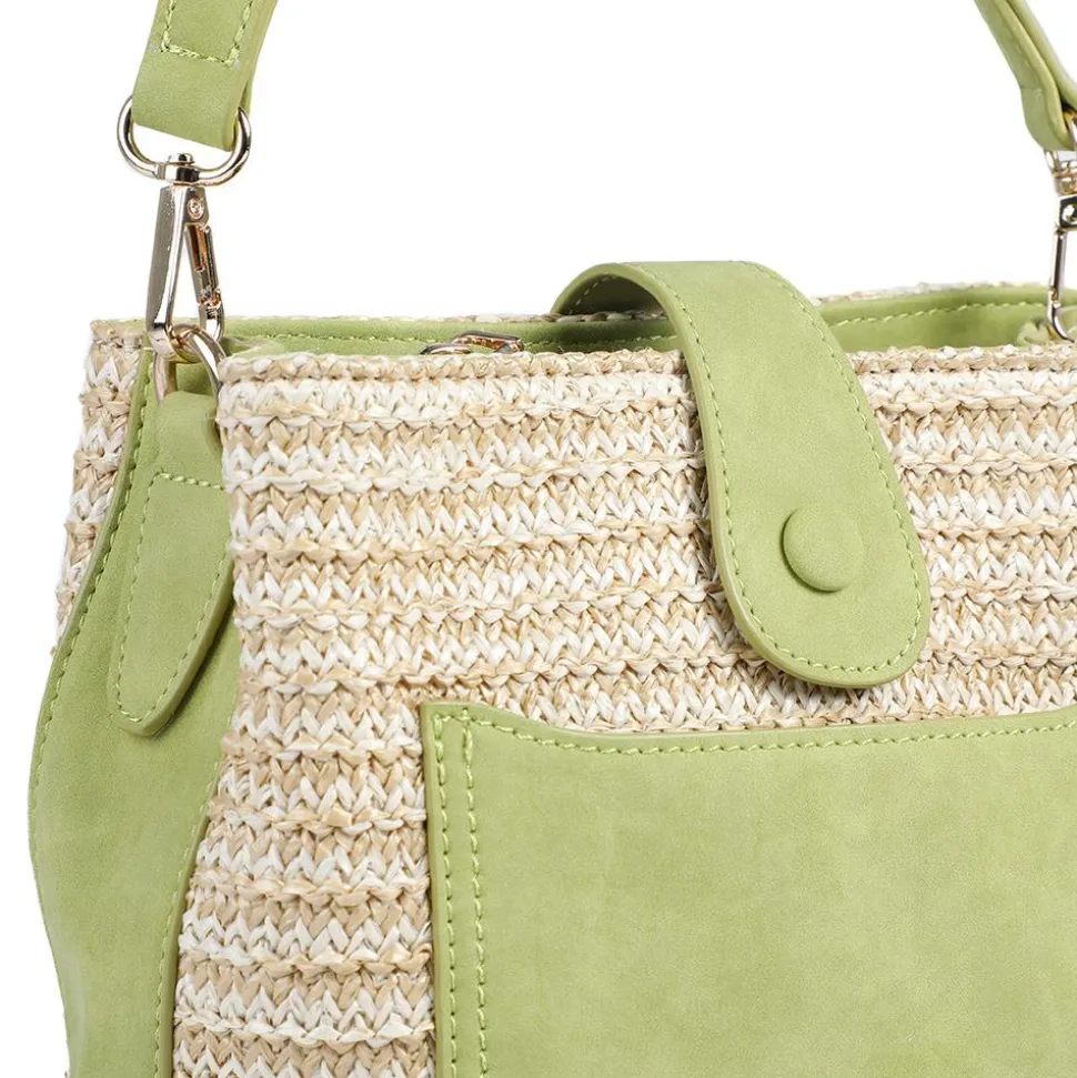 Woven Shoulder Bag with Faux Leather Trim - Green