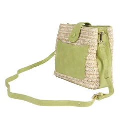 Woven Shoulder Bag with Faux Leather Trim - Green