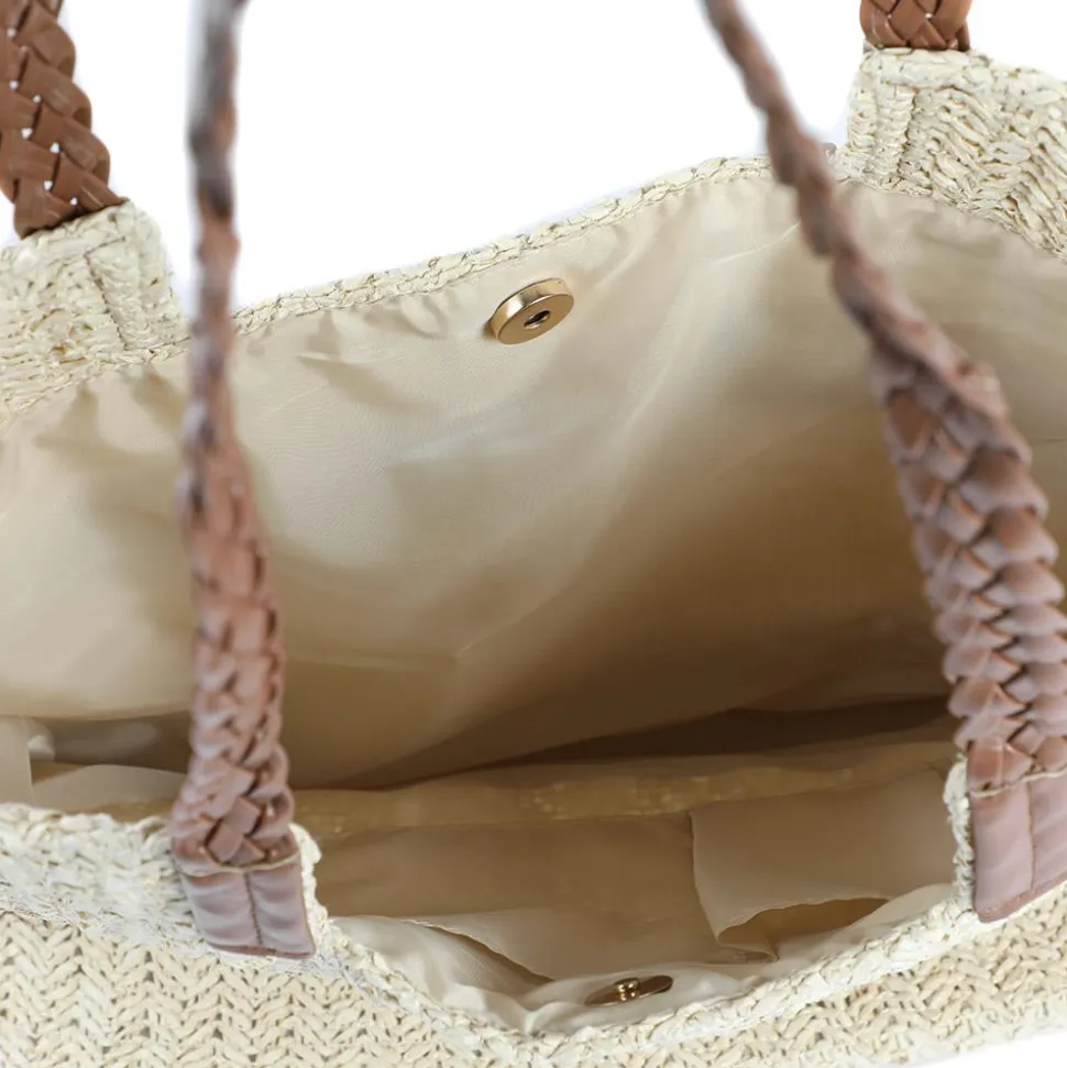 Woven Stripe Beach Bag With Braided Handles - Natural